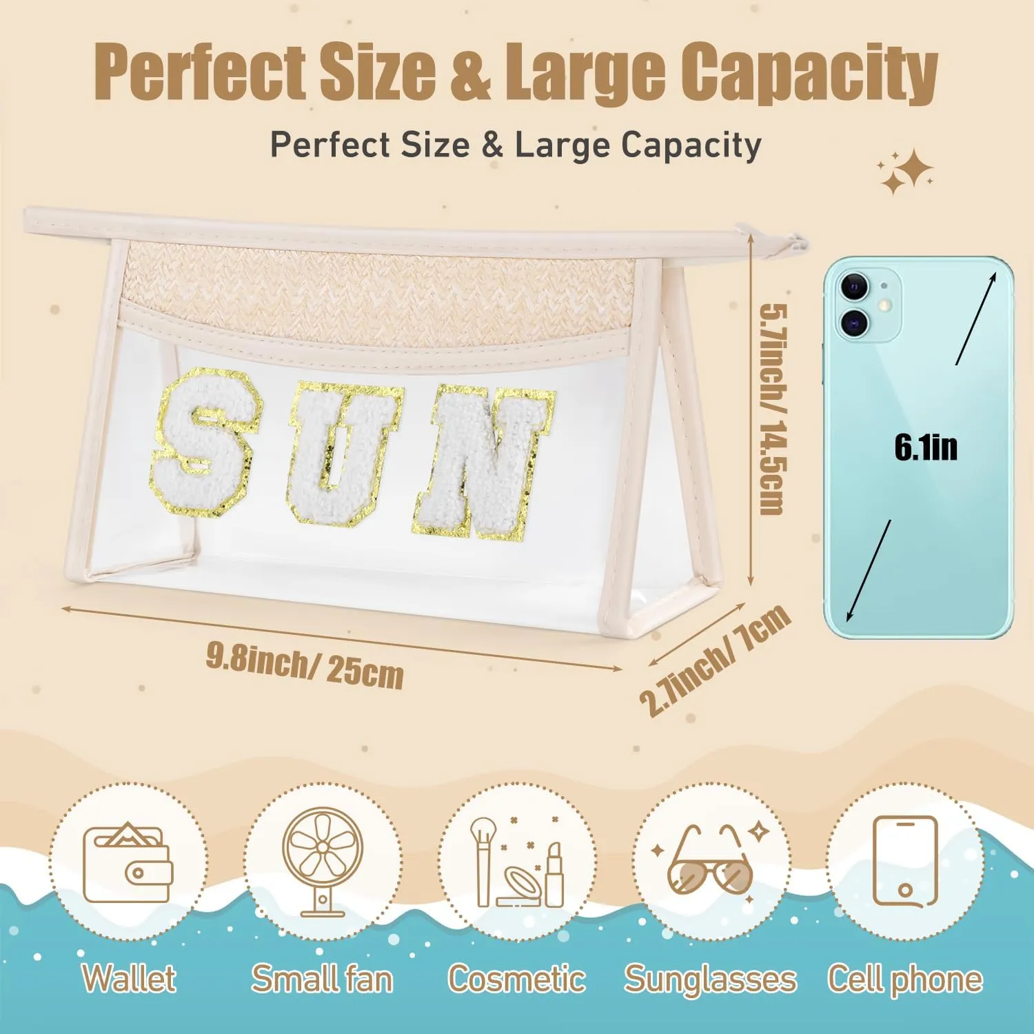 Etercycle Boho Patch SUN Cosmetic Bag, Transparent PVC Travel MakeUp Pouch Waterproof Toiletry Organizer, Small Chenille Varsity Letter Patch Bag Woven Makeup Bag