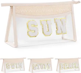 Etercycle Boho Patch SUN Cosmetic Bag, Transparent PVC Travel MakeUp Pouch Waterproof Toiletry Organizer, Small Chenille Varsity Letter Patch Bag Woven Makeup Bag