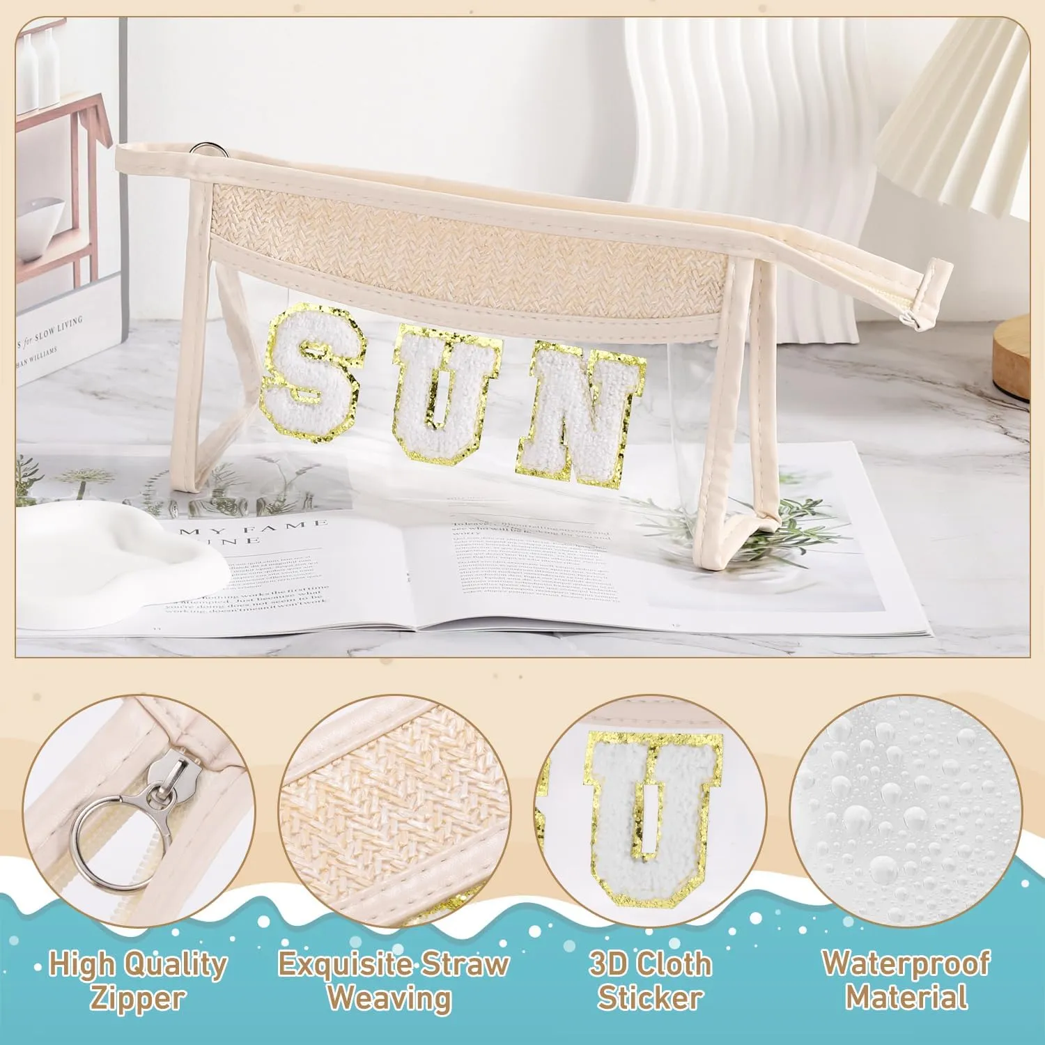 Etercycle Boho Patch SUN Cosmetic Bag, Transparent PVC Travel MakeUp Pouch Waterproof Toiletry Organizer, Small Chenille Varsity Letter Patch Bag Woven Makeup Bag