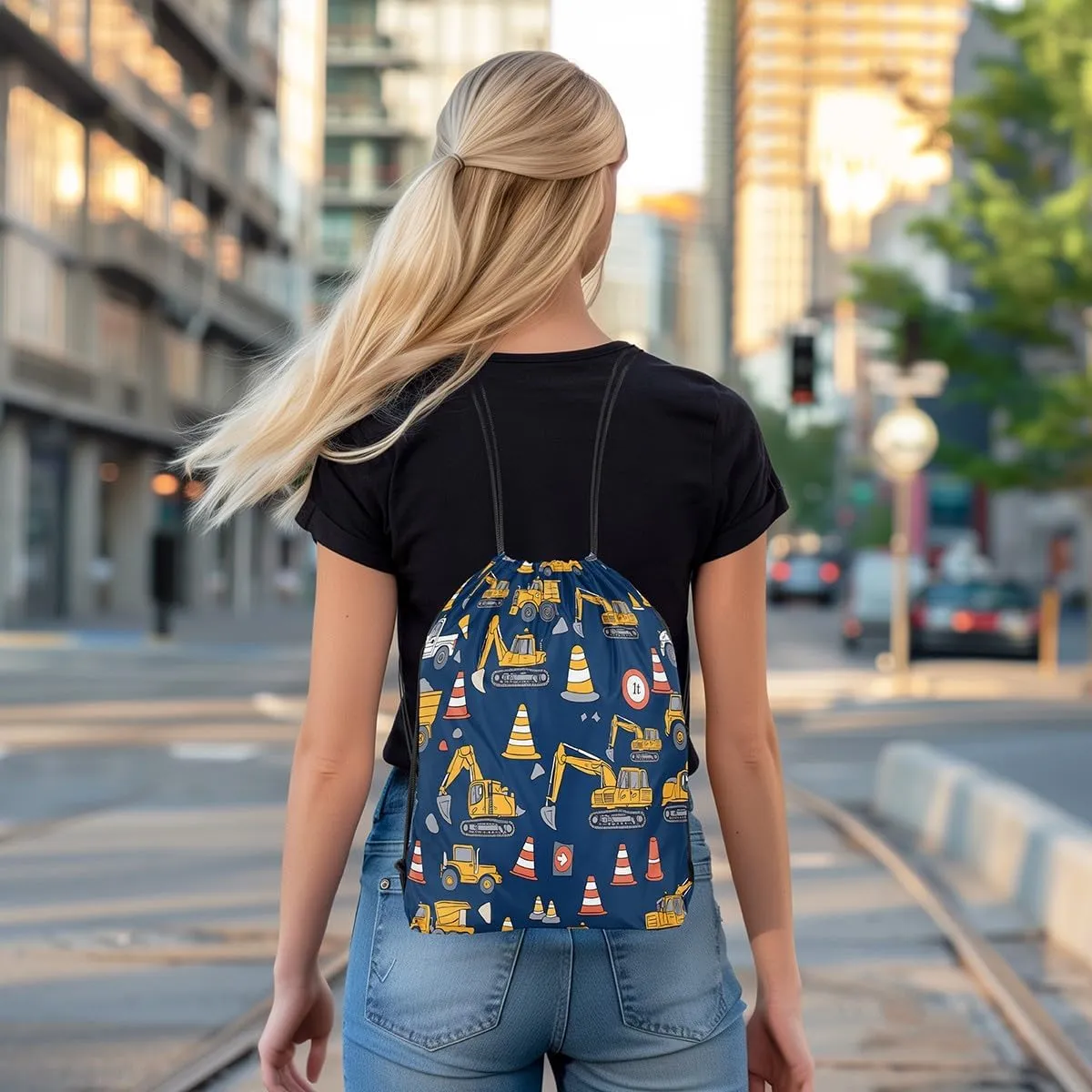 Feelyou Excavator Drawstring Backpack for 13"x15.7" Construction Vehicles Drawstring Bags Equipment Trucks Sports Drawstring Sackpack Blue Yellow Waterproof Cinch Bag