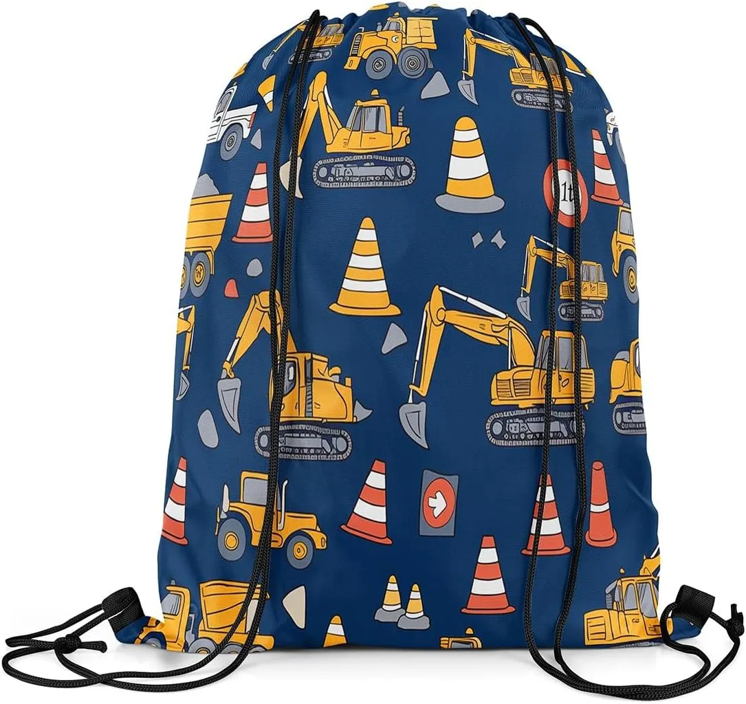 Feelyou Excavator Drawstring Backpack for 13"x15.7" Construction Vehicles Drawstring Bags Equipment Trucks Sports Drawstring Sackpack Blue Yellow Waterproof Cinch Bag