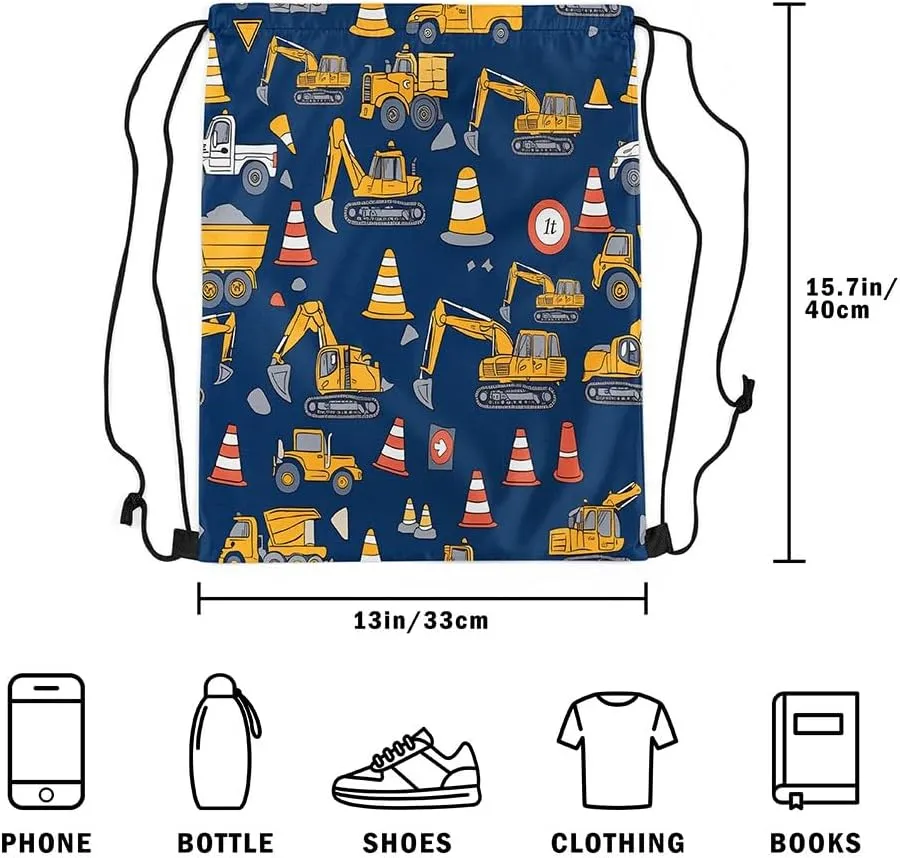 Feelyou Excavator Drawstring Backpack for 13"x15.7" Construction Vehicles Drawstring Bags Equipment Trucks Sports Drawstring Sackpack Blue Yellow Waterproof Cinch Bag