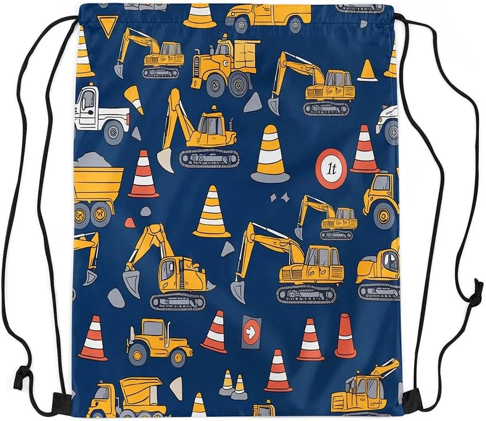 Feelyou Excavator Drawstring Backpack for 13"x15.7" Construction Vehicles Drawstring Bags Equipment Trucks Sports Drawstring Sackpack Blue Yellow Waterproof Cinch Bag