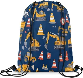 Feelyou Excavator Drawstring Backpack for 13"x15.7" Construction Vehicles Drawstring Bags Equipment Trucks Sports Drawstring Sackpack Blue Yellow Waterproof Cinch Bag