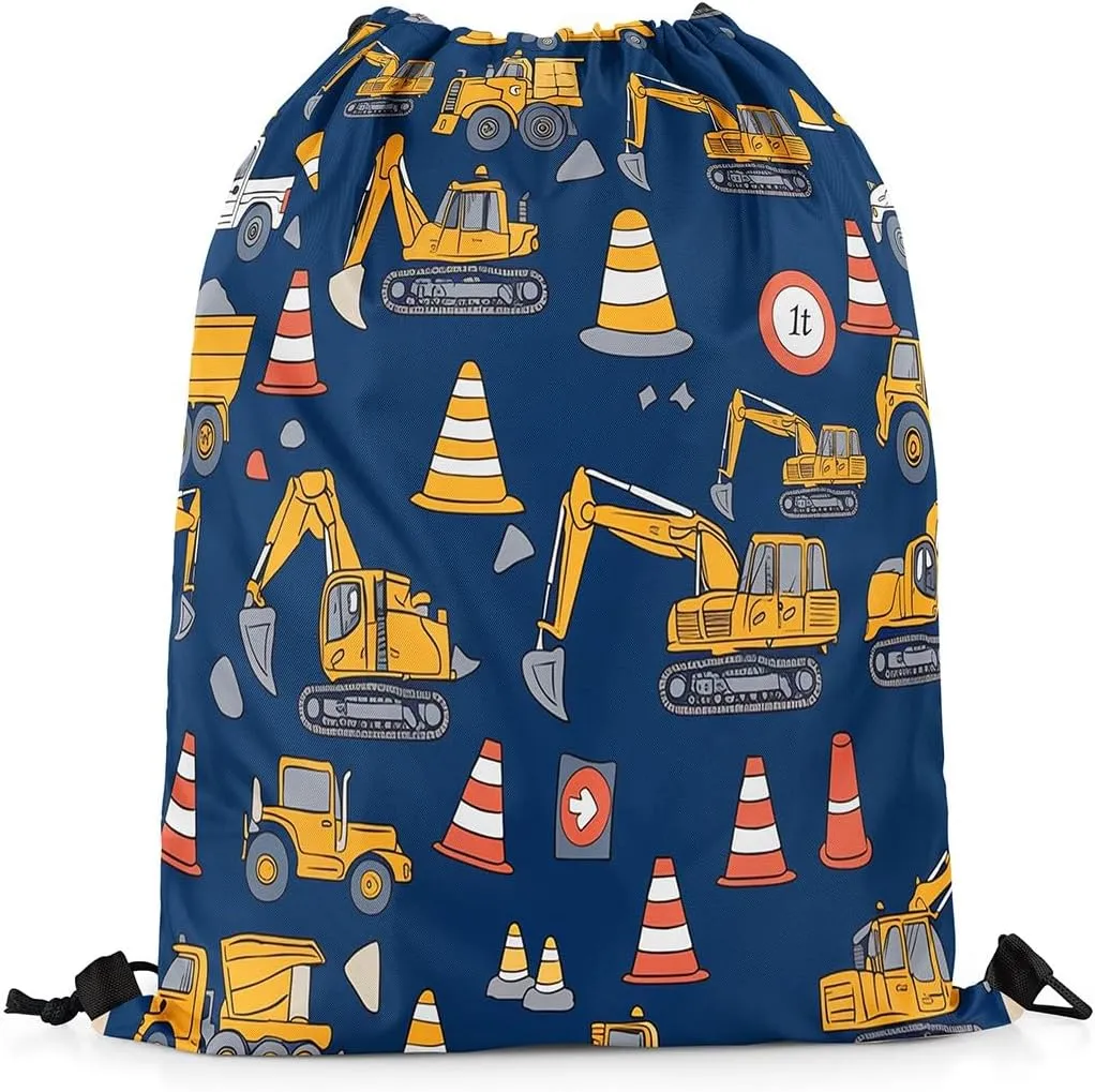 Feelyou Excavator Drawstring Backpack for 13"x15.7" Construction Vehicles Drawstring Bags Equipment Trucks Sports Drawstring Sackpack Blue Yellow Waterproof Cinch Bag