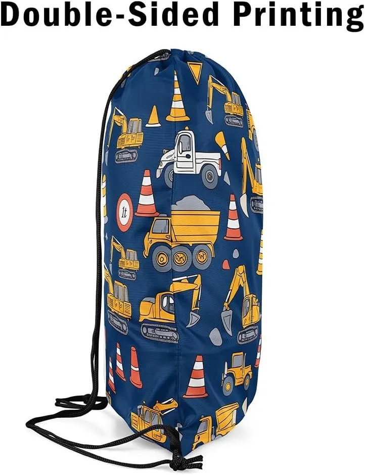 Feelyou Excavator Drawstring Backpack for 13"x15.7" Construction Vehicles Drawstring Bags Equipment Trucks Sports Drawstring Sackpack Blue Yellow Waterproof Cinch Bag