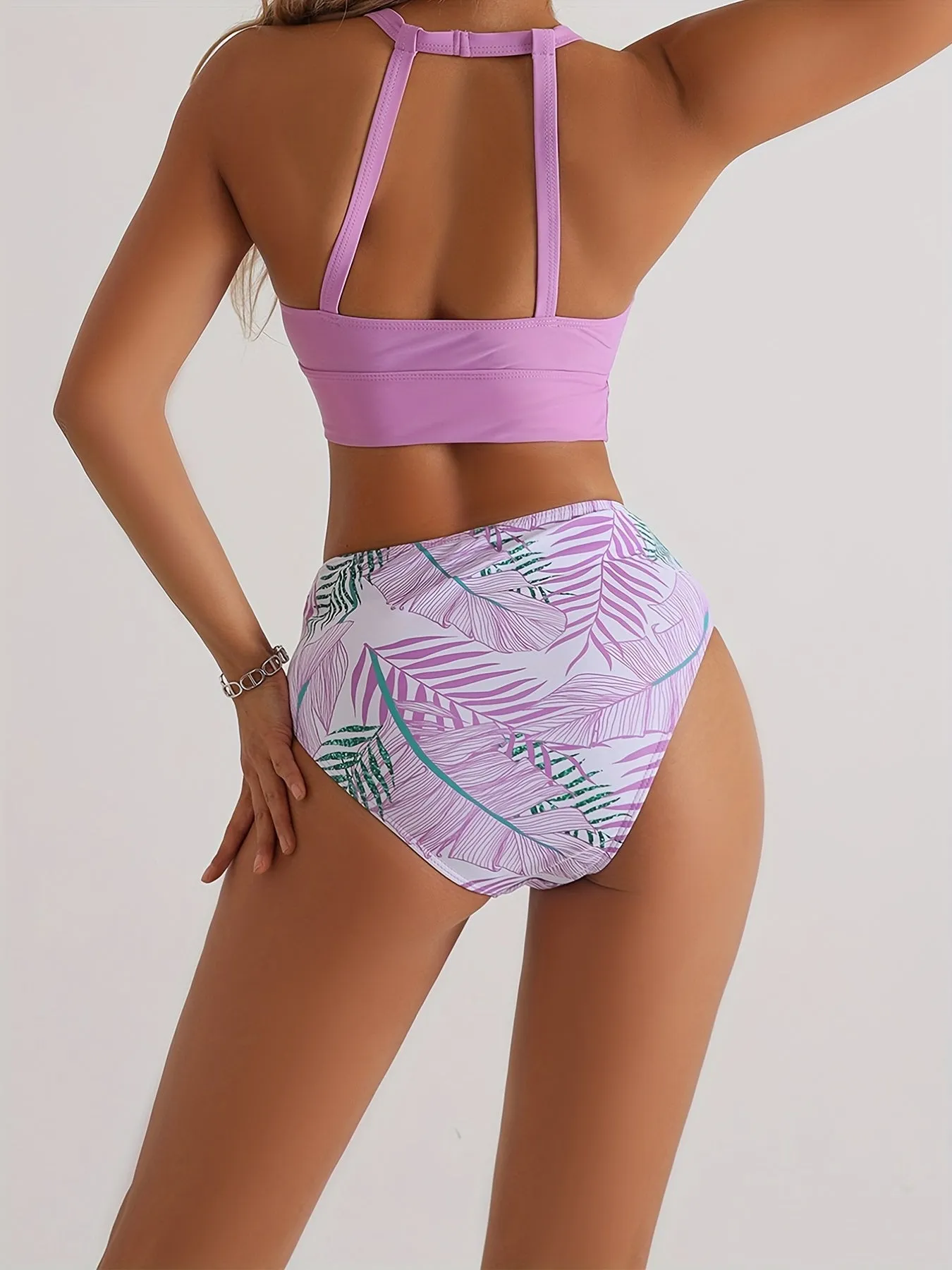 High Waist Full Coverage Bikini Bottoms And High Neck Top For Women