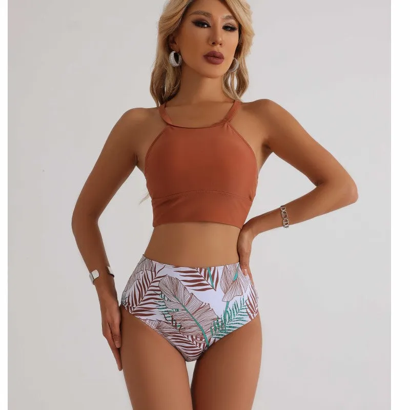 High Waist Full Coverage Bikini Bottoms And High Neck Top For Women