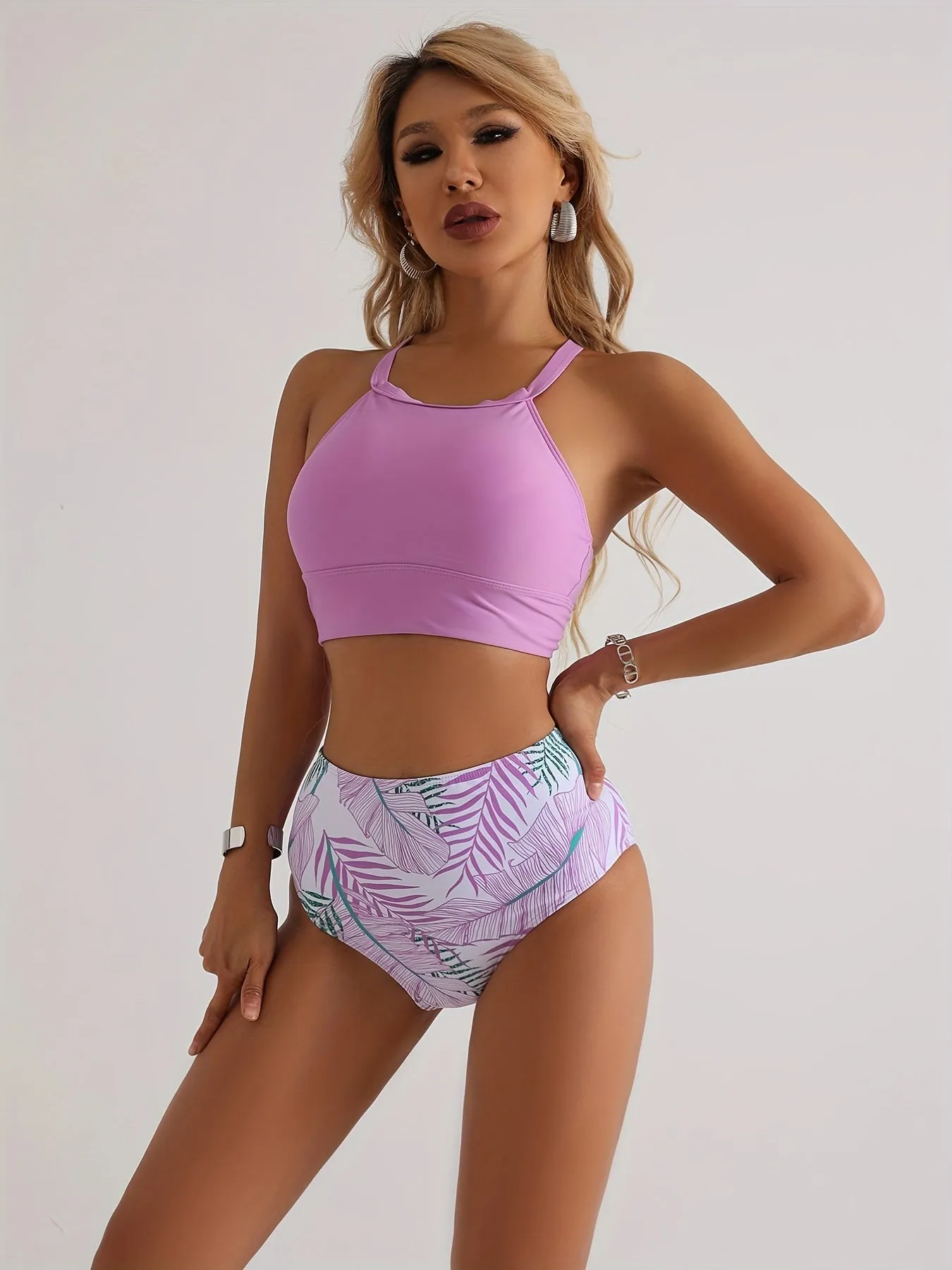High Waist Full Coverage Bikini Bottoms And High Neck Top For Women