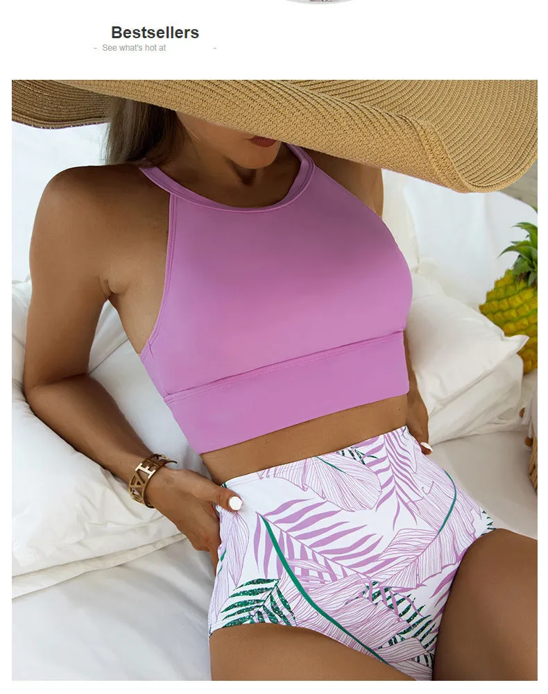 High Waist Full Coverage Bikini Bottoms And High Neck Top For Women