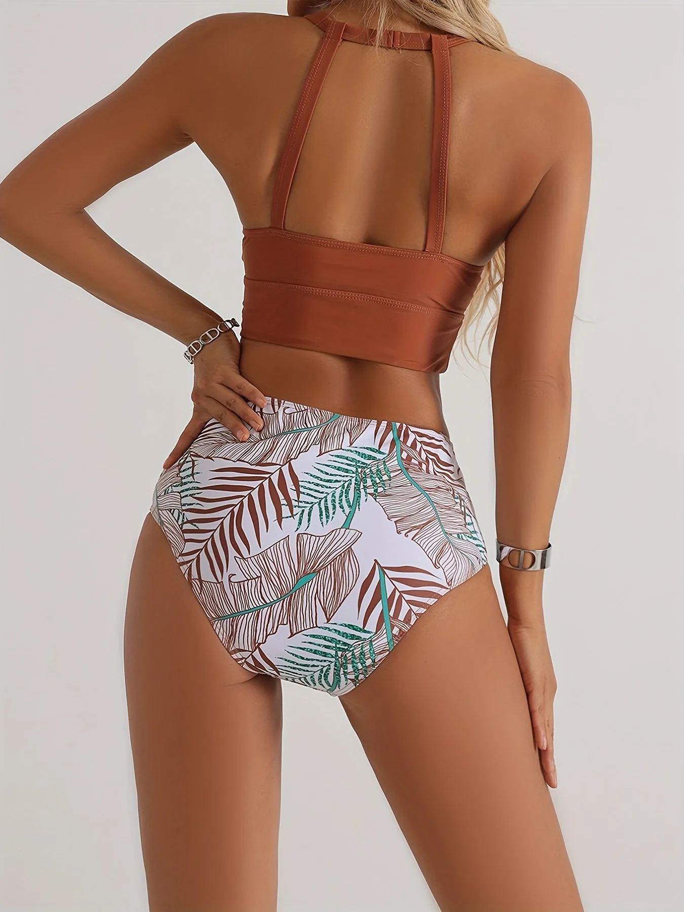 High Waist Full Coverage Bikini Bottoms And High Neck Top For Women