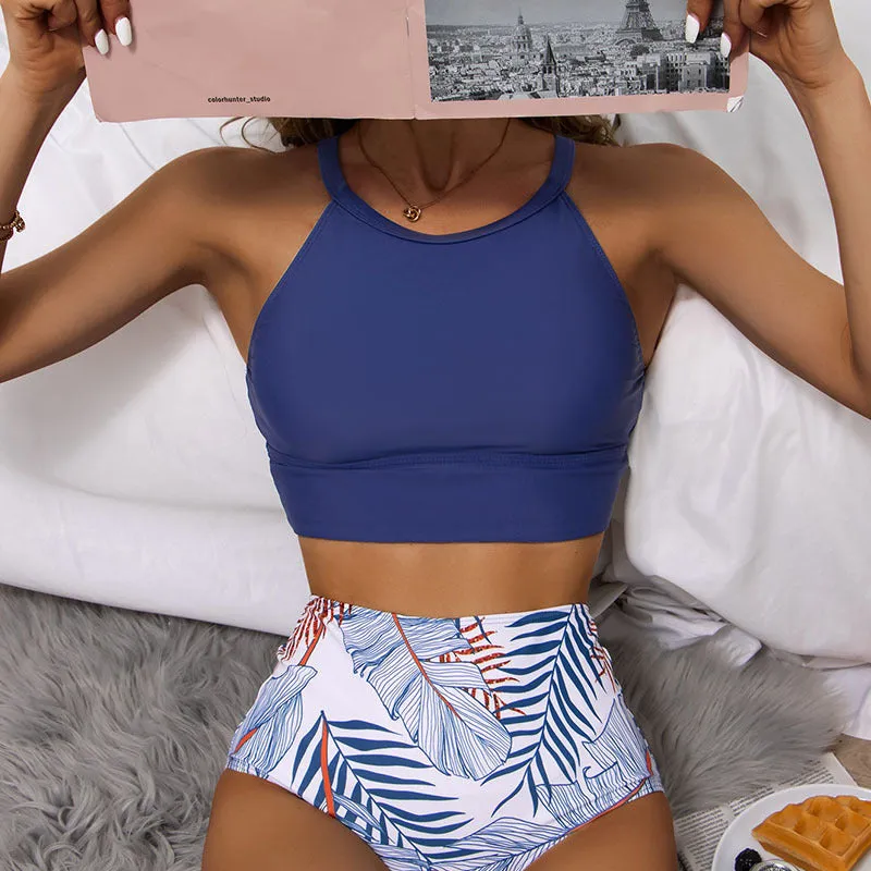 High Waist Full Coverage Bikini Bottoms And High Neck Top For Women