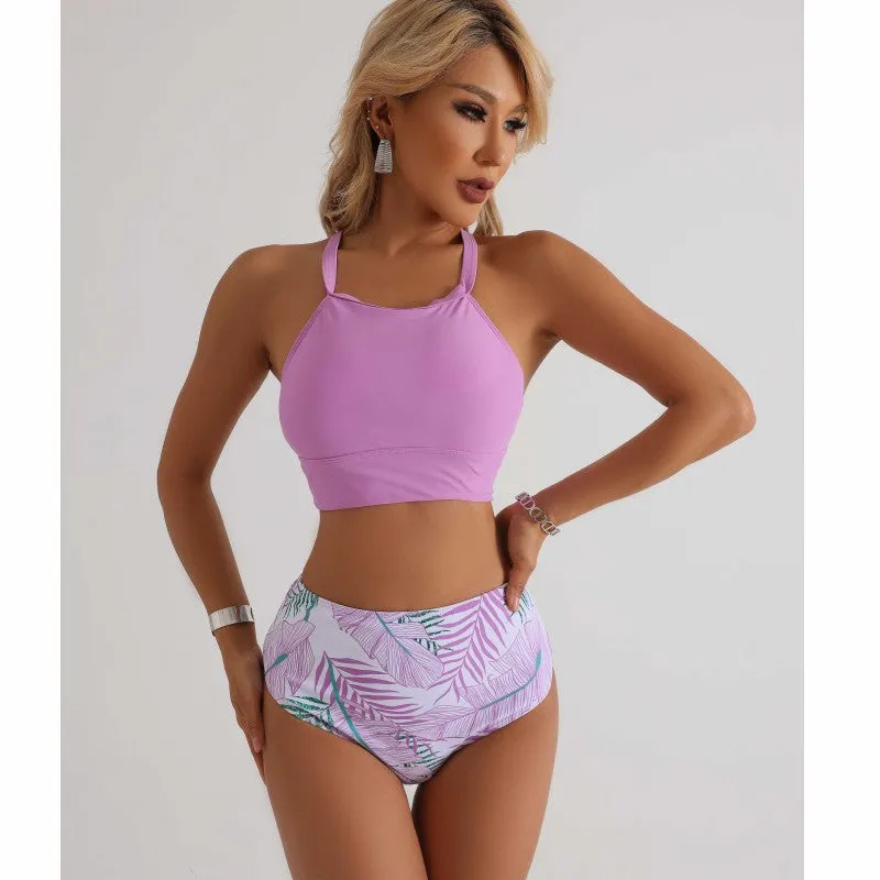 High Waist Full Coverage Bikini Bottoms And High Neck Top For Women