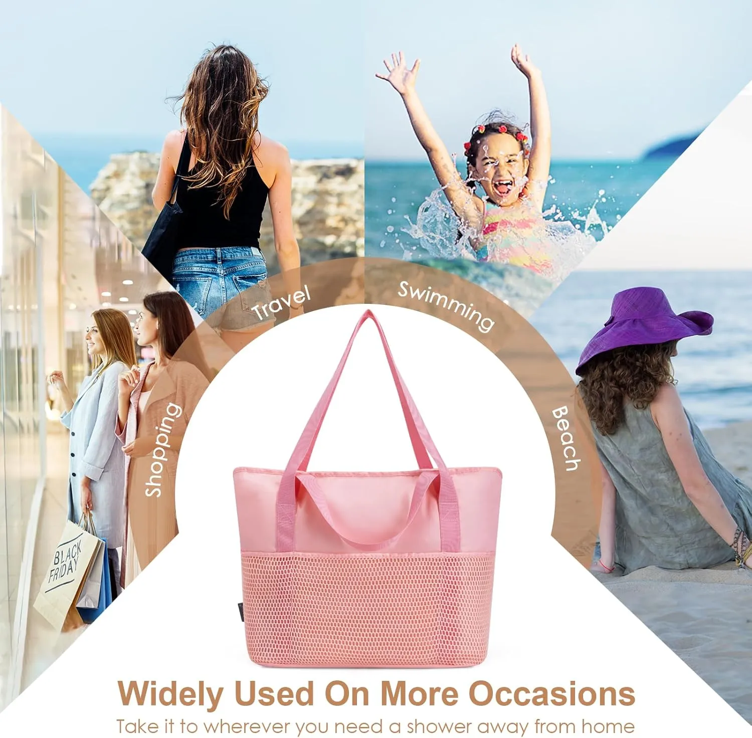 KABAQOO Large Beach Bag Waterproof Sandproof Tote Bag for Women with Zipper & Mesh Pockets for Pool Swim Travel Everyday