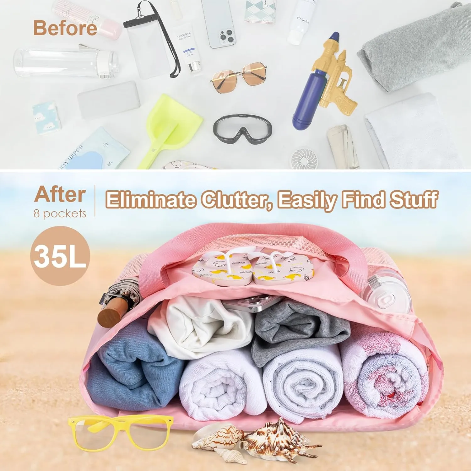KABAQOO Large Beach Bag Waterproof Sandproof Tote Bag for Women with Zipper & Mesh Pockets for Pool Swim Travel Everyday