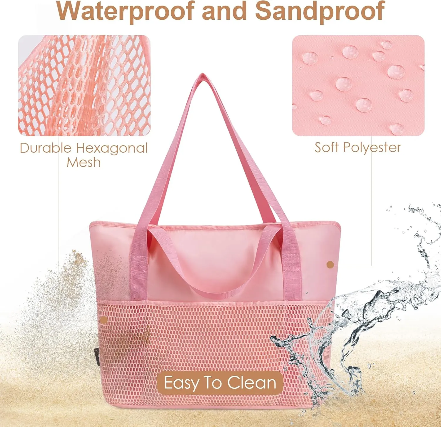 KABAQOO Large Beach Bag Waterproof Sandproof Tote Bag for Women with Zipper & Mesh Pockets for Pool Swim Travel Everyday