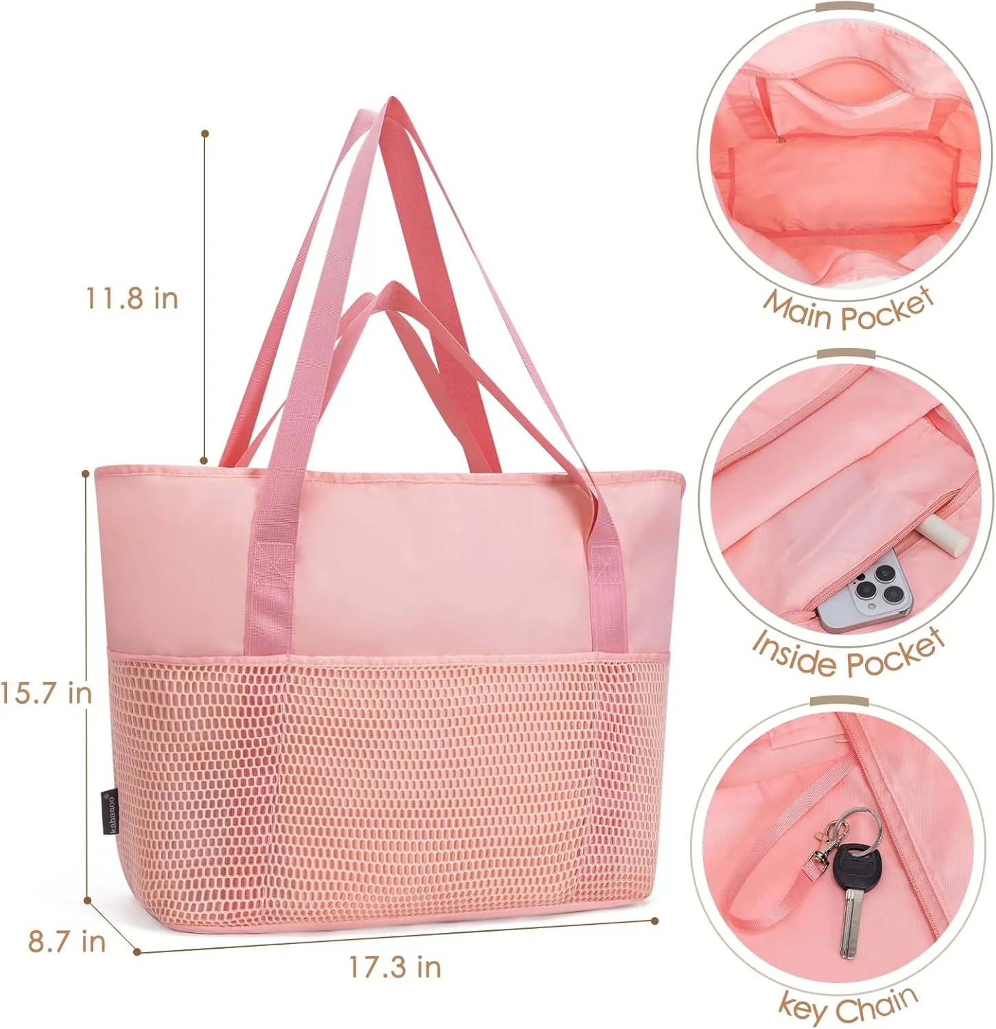 KABAQOO Large Beach Bag Waterproof Sandproof Tote Bag for Women with Zipper & Mesh Pockets for Pool Swim Travel Everyday