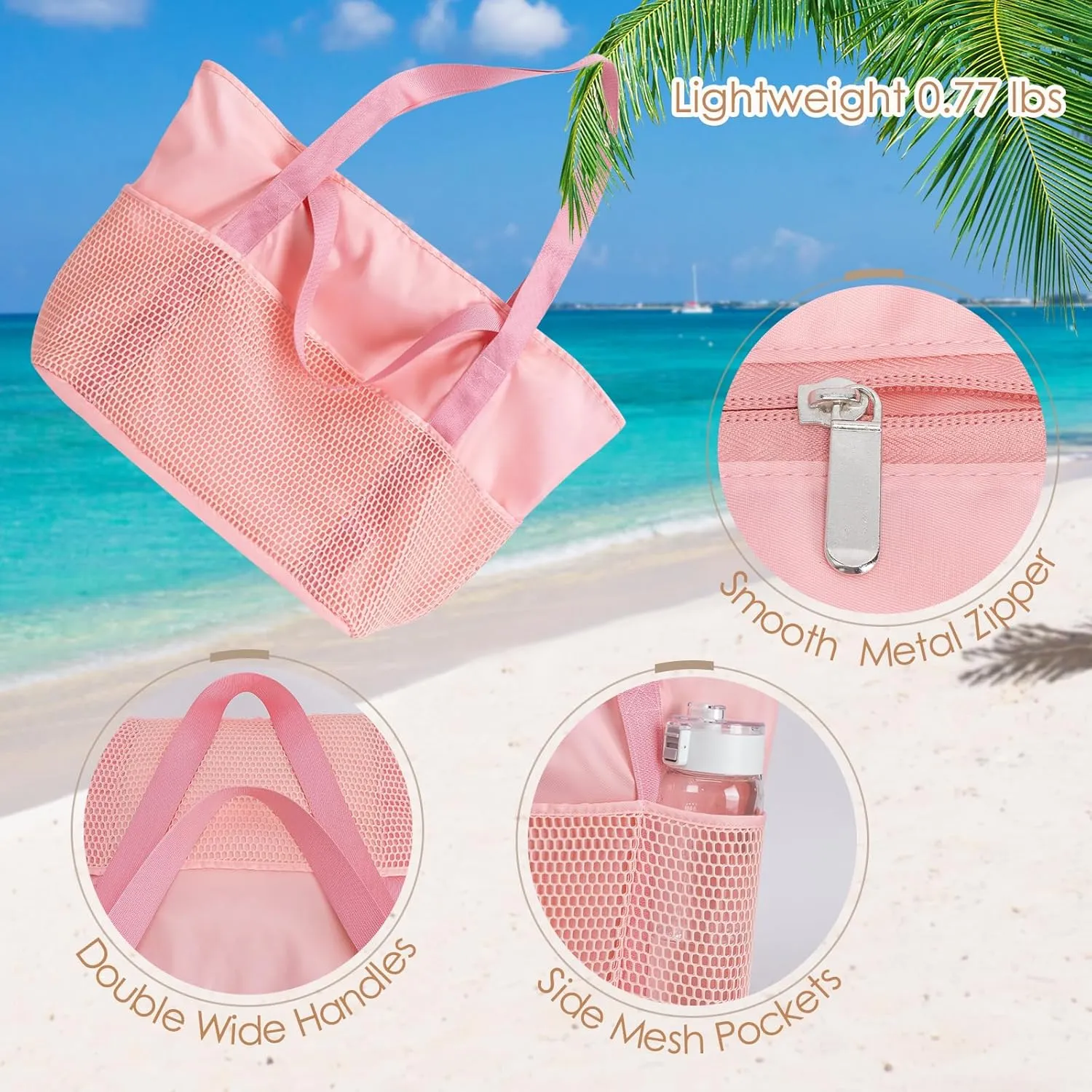 KABAQOO Large Beach Bag Waterproof Sandproof Tote Bag for Women with Zipper & Mesh Pockets for Pool Swim Travel Everyday