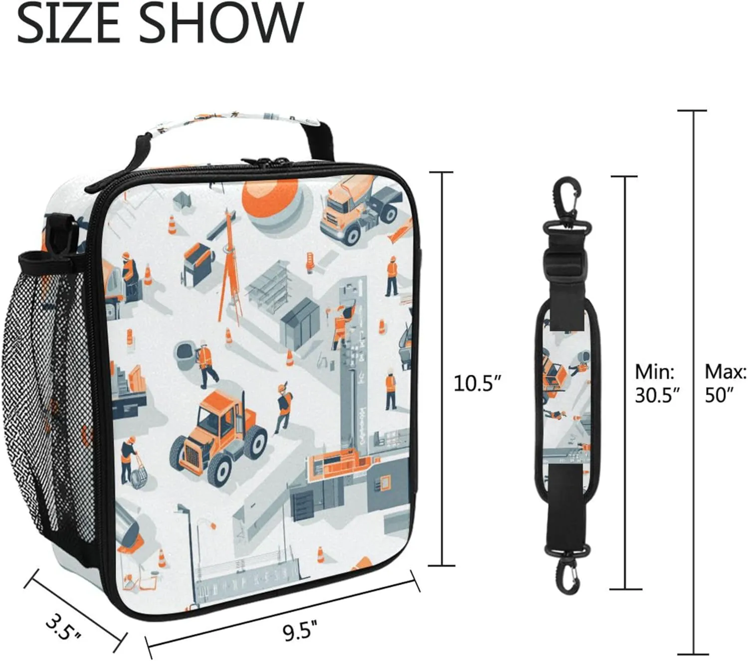 KLL Insulated Tote Compact Lunch Box for Girls with buckle for School College Construction Scene Building Bridges Concrete Mixer Truck Concrete Mixer Truck