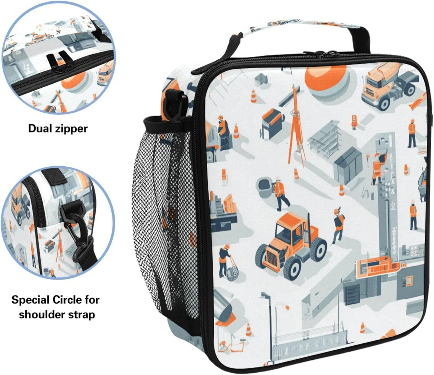 KLL Insulated Tote Compact Lunch Box for Girls with buckle for School College Construction Scene Building Bridges Concrete Mixer Truck Concrete Mixer Truck