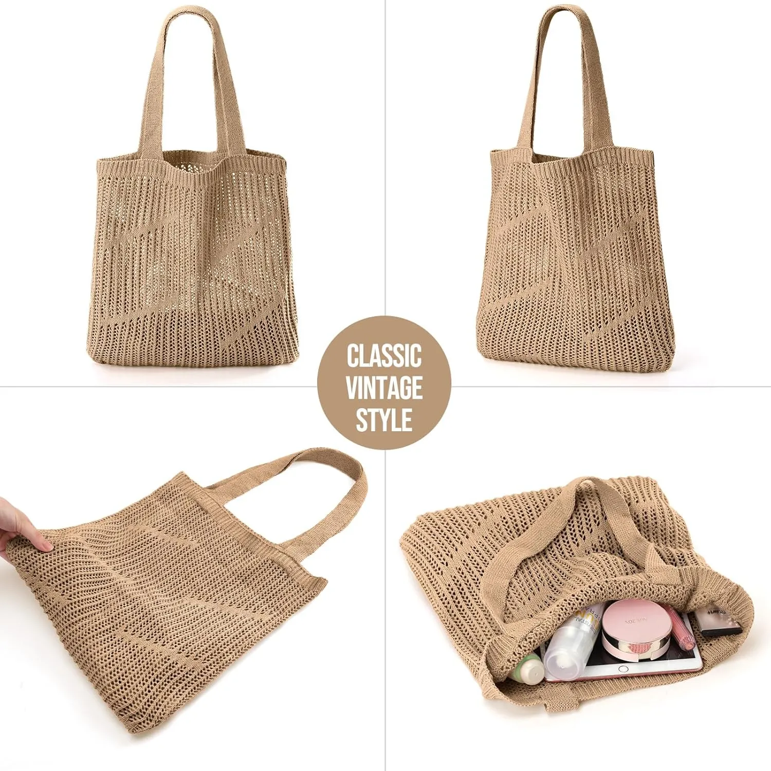 KPX Crochet Tote, Beach Mesh Knitted Shoulder Bag - Large Aesthetic Hobo Bag for Women - Summer