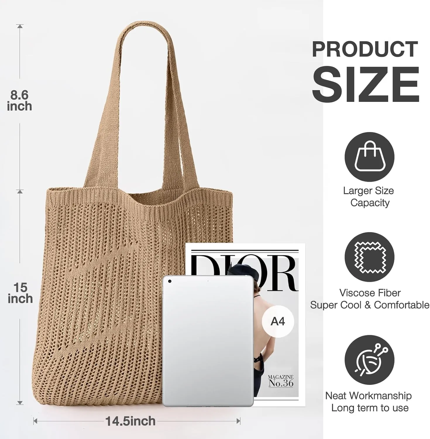 KPX Crochet Tote, Beach Mesh Knitted Shoulder Bag - Large Aesthetic Hobo Bag for Women - Summer