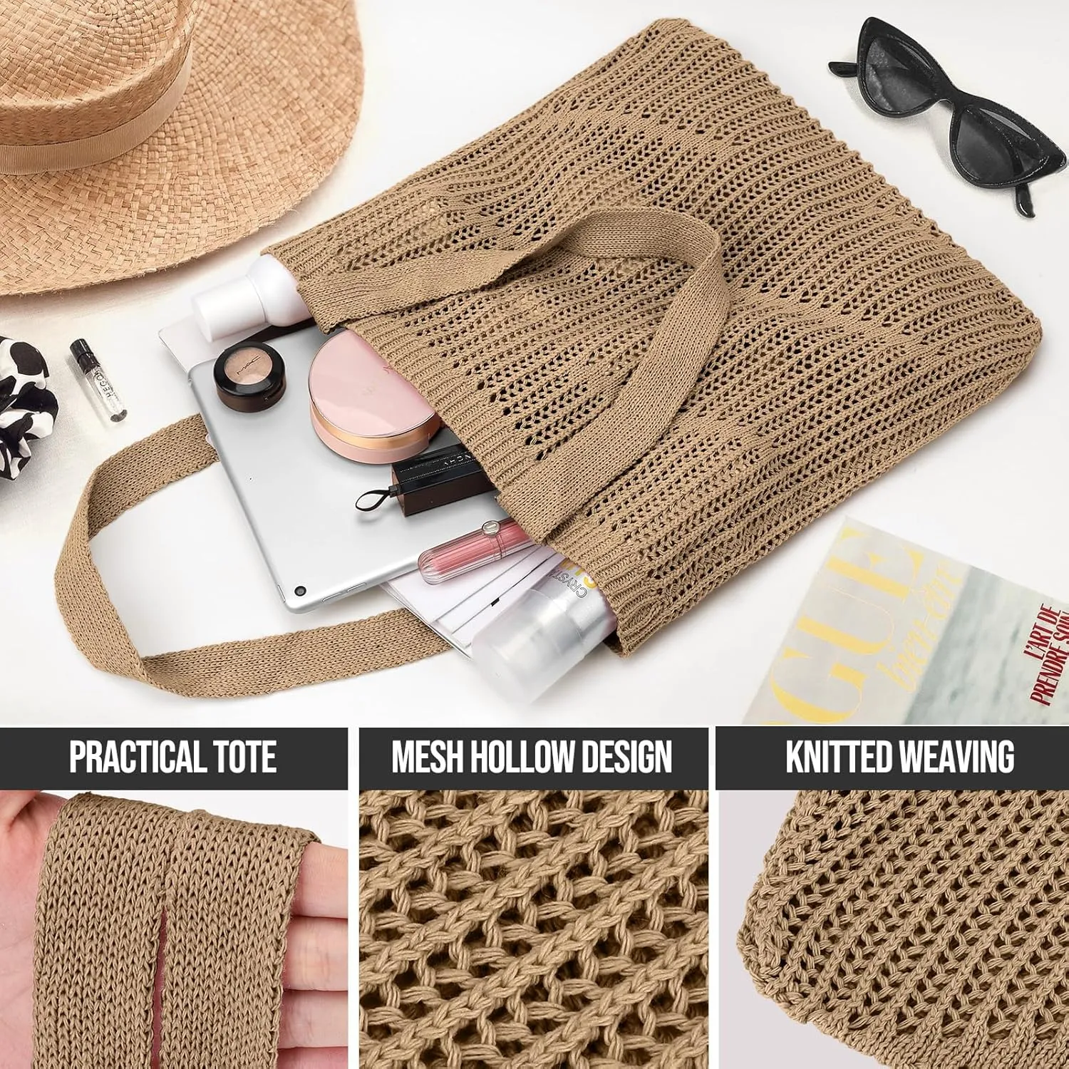 KPX Crochet Tote, Beach Mesh Knitted Shoulder Bag - Large Aesthetic Hobo Bag for Women - Summer