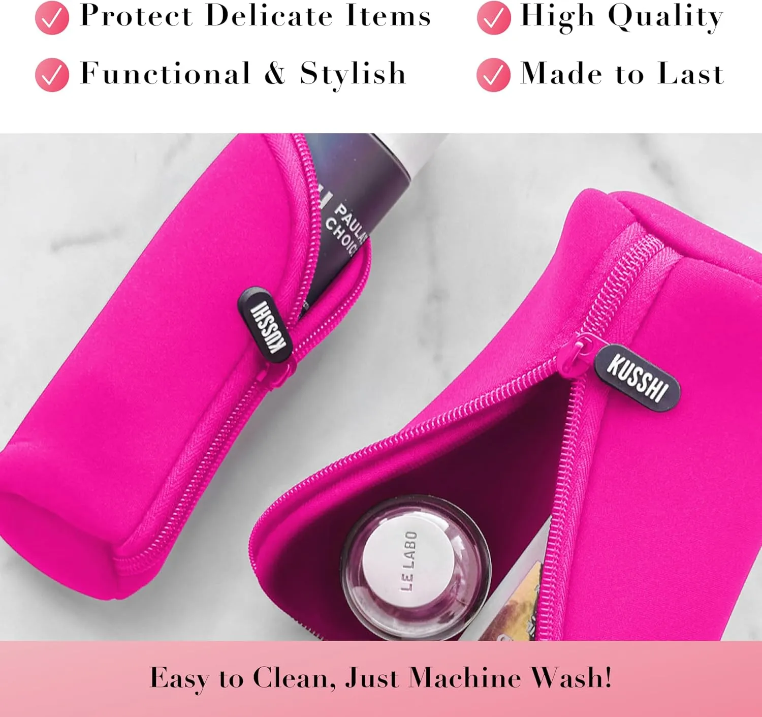KUSSHI Neoprene Mini Makeup Pouch for Purse and Travel - Small Travel Pouch for Delicate Bottles and Beauty Items - For Foundations, Serums, Perfumes and More - Small Purse Pouch (Size S, Pink)