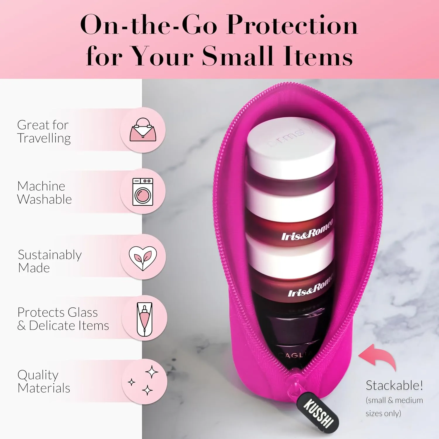KUSSHI Neoprene Mini Makeup Pouch for Purse and Travel - Small Travel Pouch for Delicate Bottles and Beauty Items - For Foundations, Serums, Perfumes and More - Small Purse Pouch (Size S, Pink)