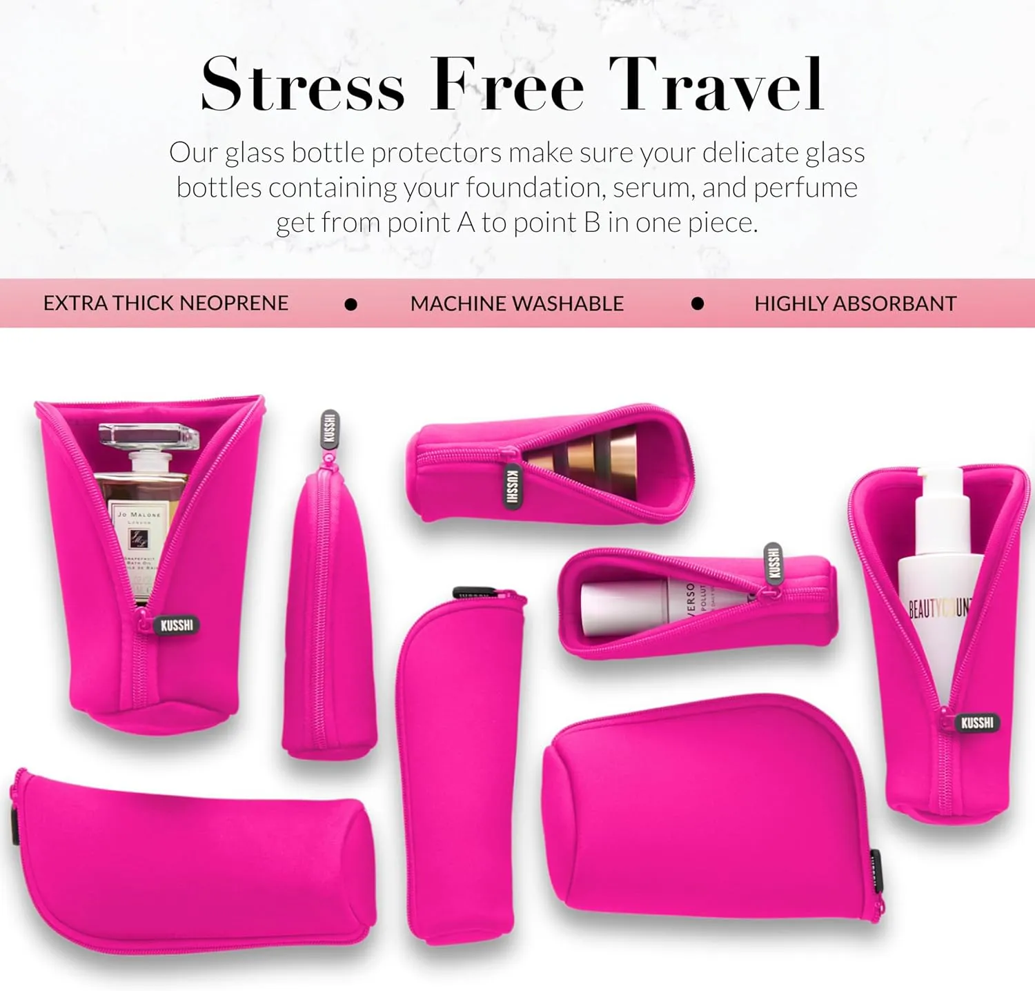 KUSSHI Neoprene Mini Makeup Pouch for Purse and Travel - Small Travel Pouch for Delicate Bottles and Beauty Items - For Foundations, Serums, Perfumes and More - Small Purse Pouch (Size S, Pink)
