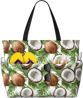 Large Beach Bags for Women Sandproof - Summer Coconut Print Summer Travel Work Tote Bags with Zipper
