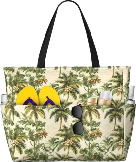 Large Beach Bags for Women Sandproof - Tropical Coconut Tree Print Summer Travel Work Tote Bags with Zipper
