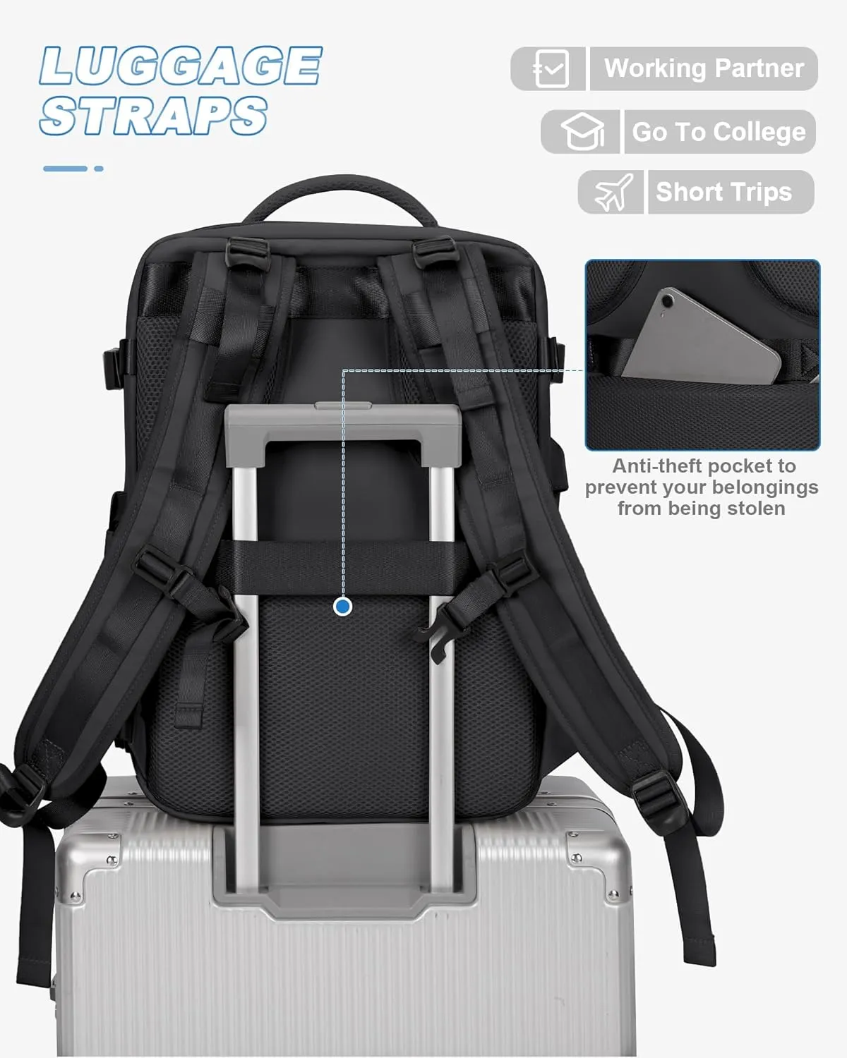 Large Travel Backpack For Women Men Airline Approved Personal Item Bag For Airlines Carry On Backpack Flight Approved Waterproof Backpack For Traveling On Airplane College Laptop Backpack Black