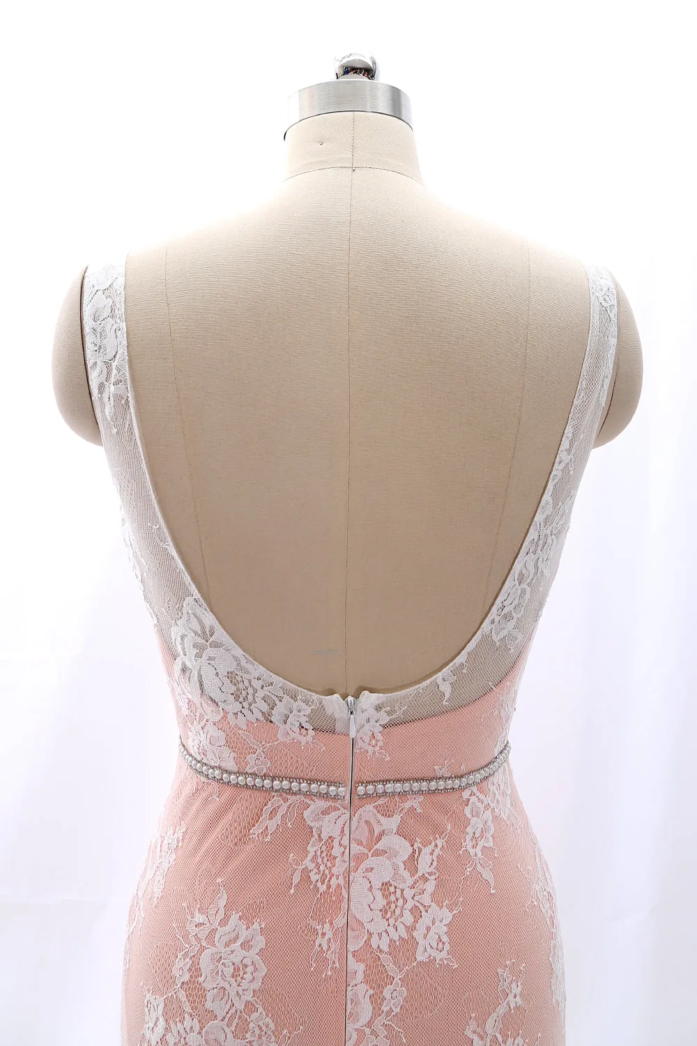MACloth Straps V Neck Beaded Lace Pink Formal Evening Gown