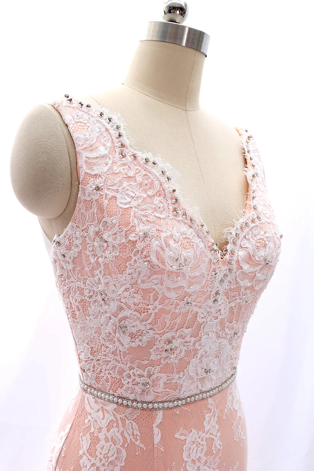MACloth Straps V Neck Beaded Lace Pink Formal Evening Gown
