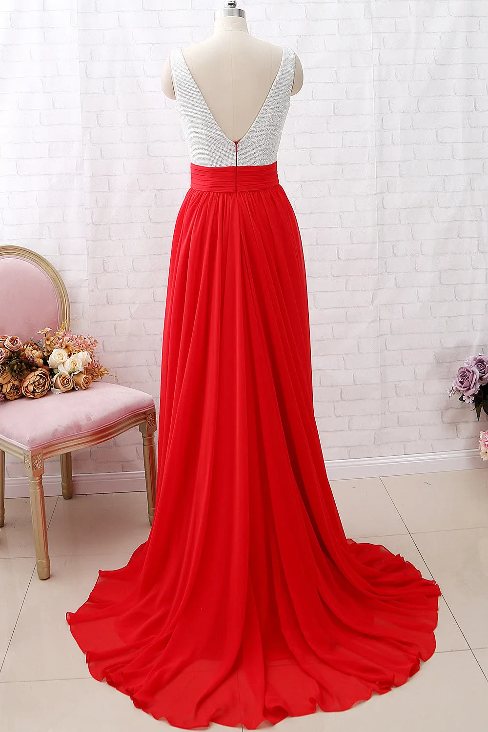 MACloth Straps V neck Red Long Prom Dress Chiffon Formal Evening Gown