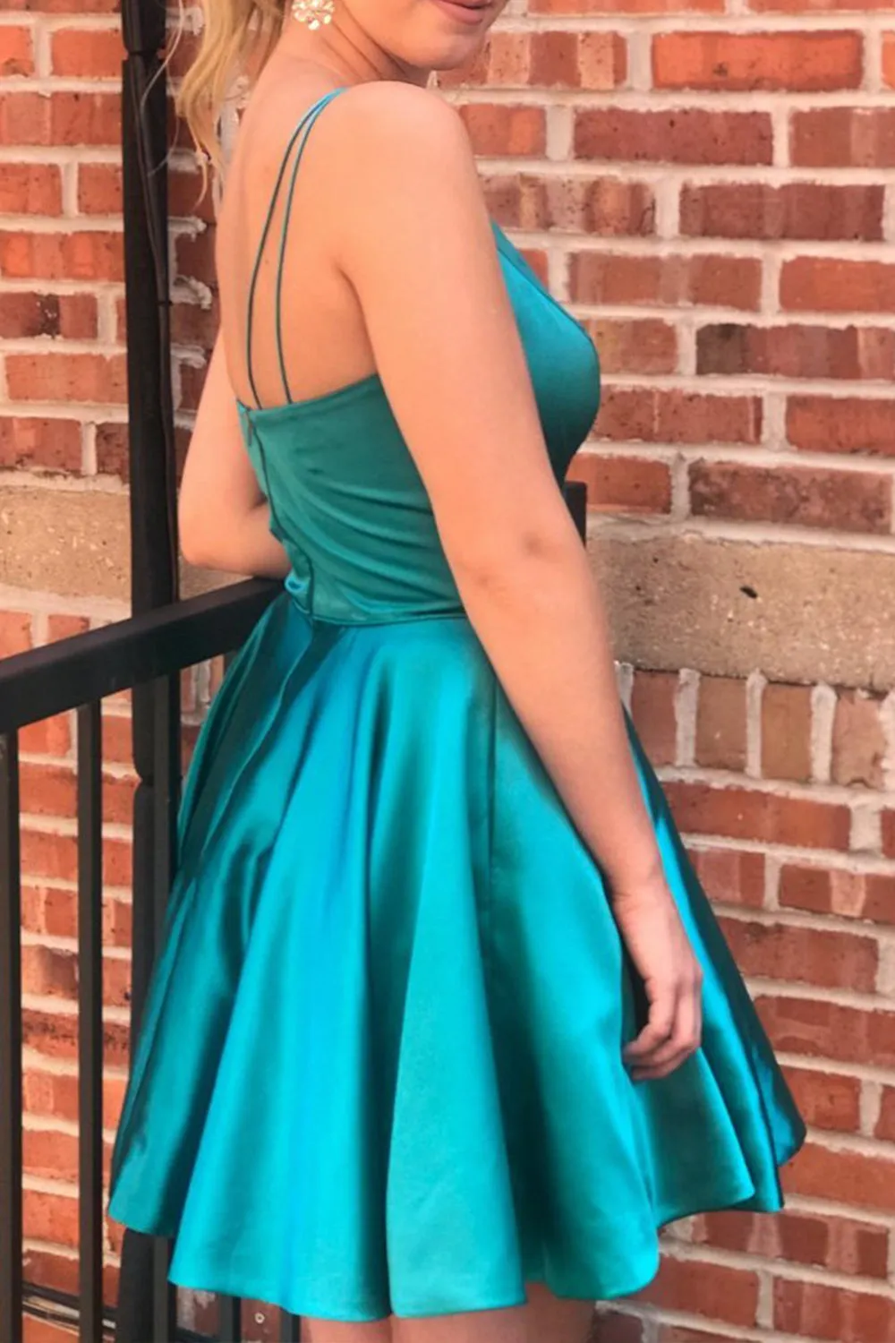 MACloth Straps V Neck Satin Mini Prom Homecoming Dress Sky Blue Cocktail Party Dress