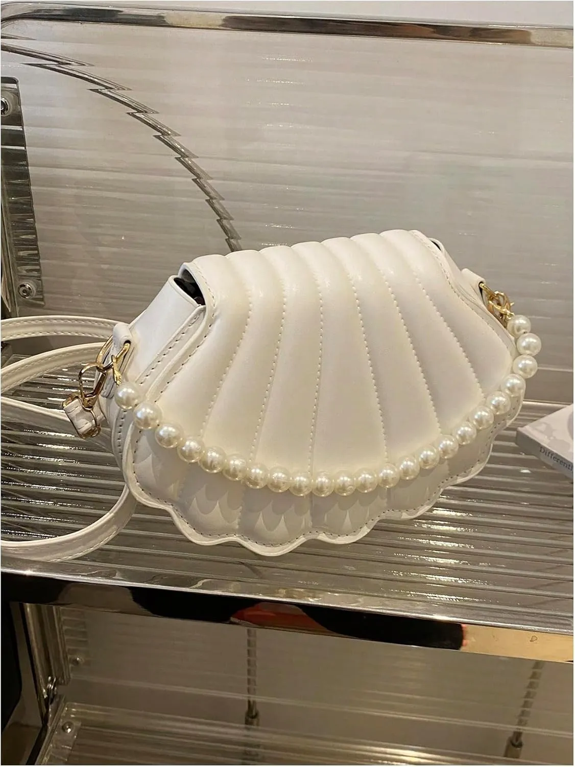 MakeMeChic Women's Seashell Shape Pearl Croccbody Handbag Leather Flap Adjustable Strap Shoulder Bag