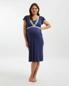 Maternity & Nursing Short Sleeve Lyocell Nightdress - Navy