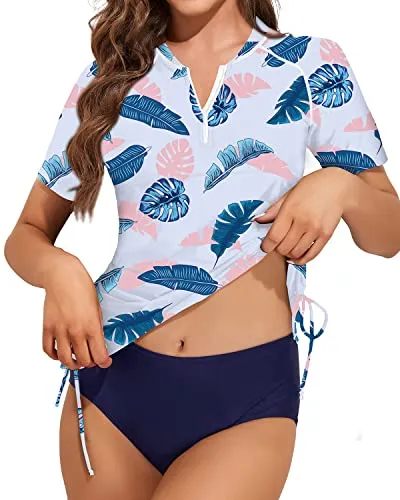 Modest Coverage Short Sleeve Rash Guard For Women-Blue Pink Leaves