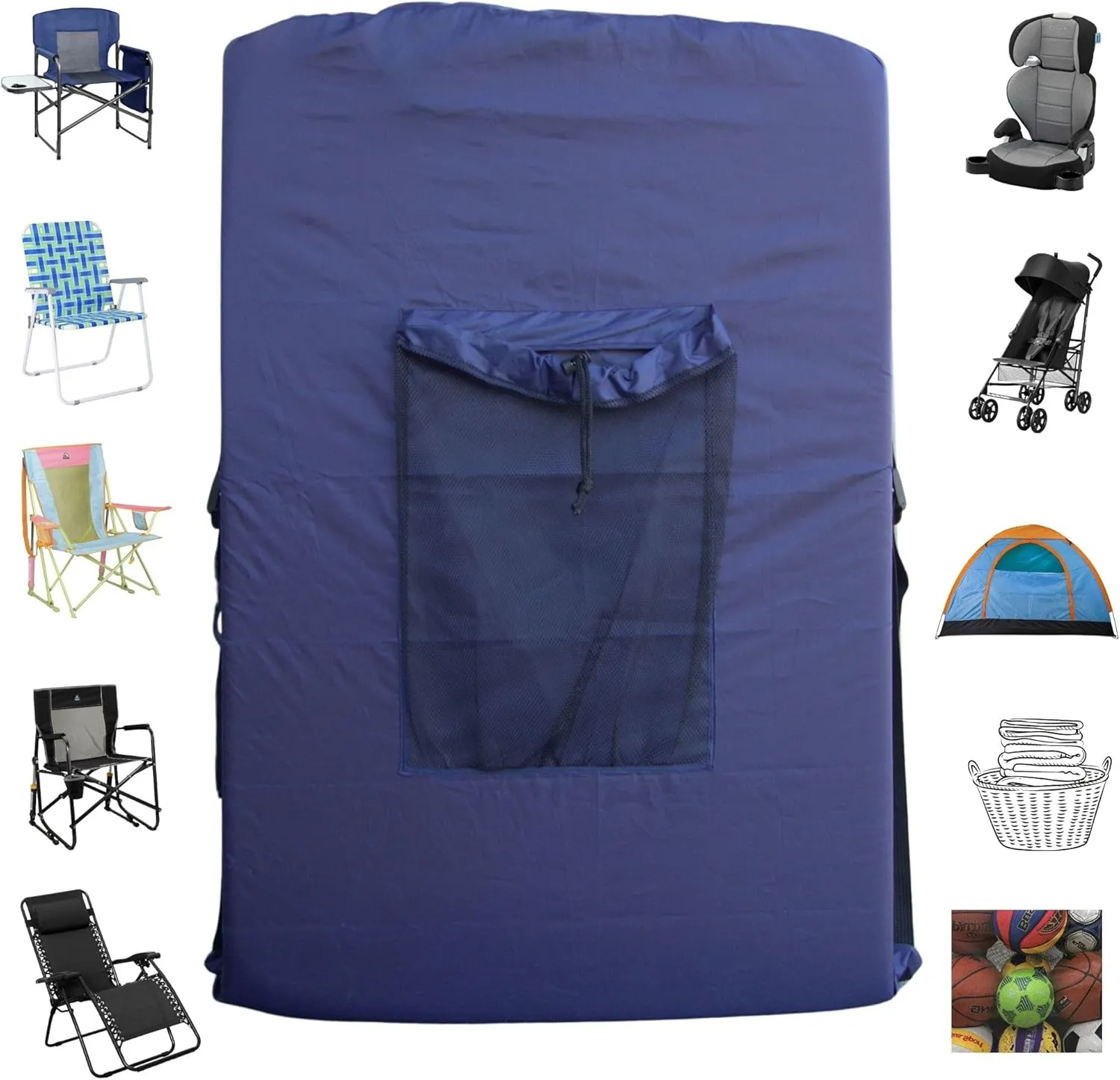 NAVY BLUE (Large 36"x24"x6") Beach Chair Bag, Laundry Bag. For Lawn Chair, Recliner, Director Chair, Camping Chair, Booster Car Seat. 420D Polyester Backpack w/Adjustable Straps & Mesh Pocket