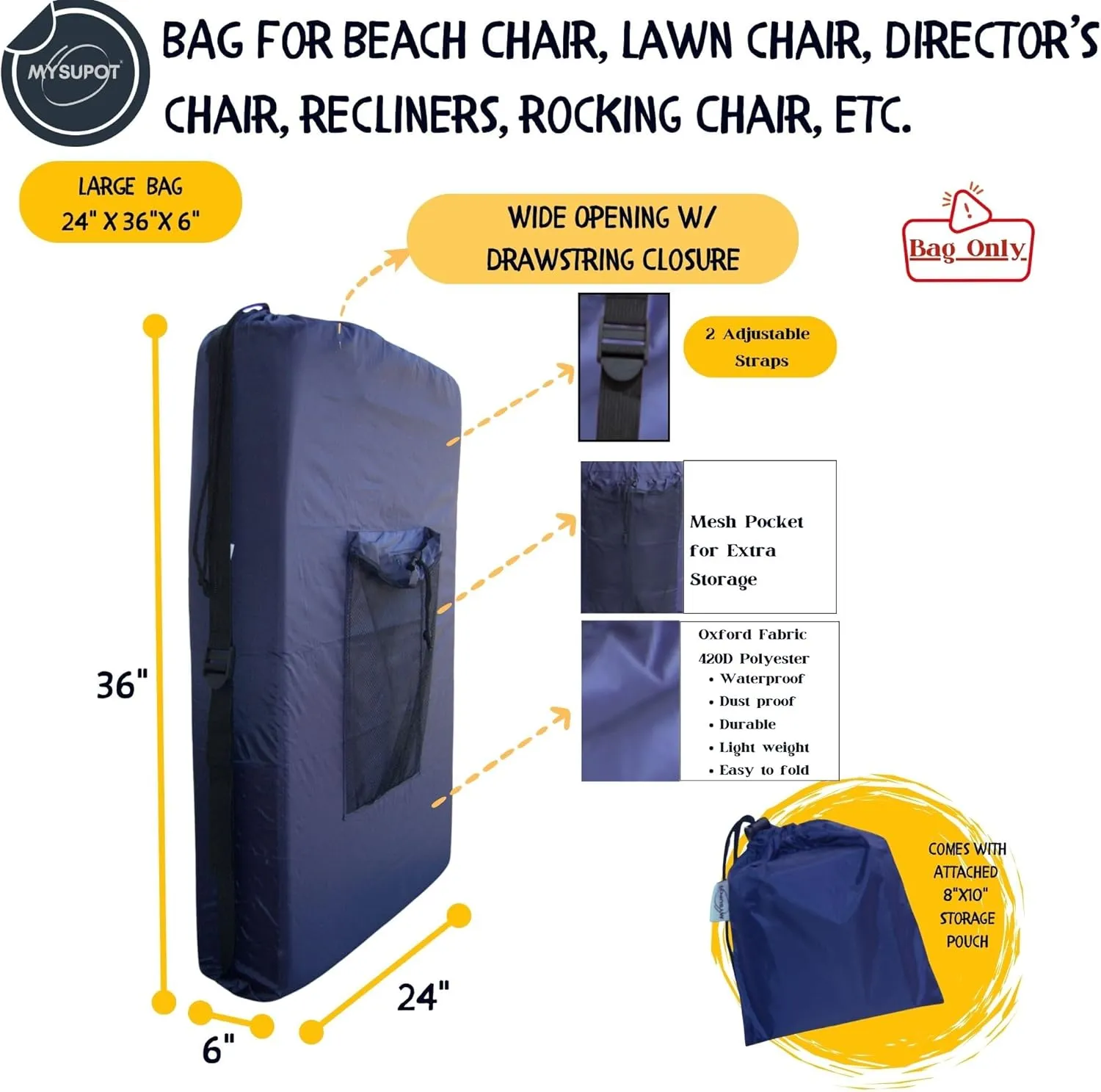 NAVY BLUE (Large 36"x24"x6") Beach Chair Bag, Laundry Bag. For Lawn Chair, Recliner, Director Chair, Camping Chair, Booster Car Seat. 420D Polyester Backpack w/Adjustable Straps & Mesh Pocket