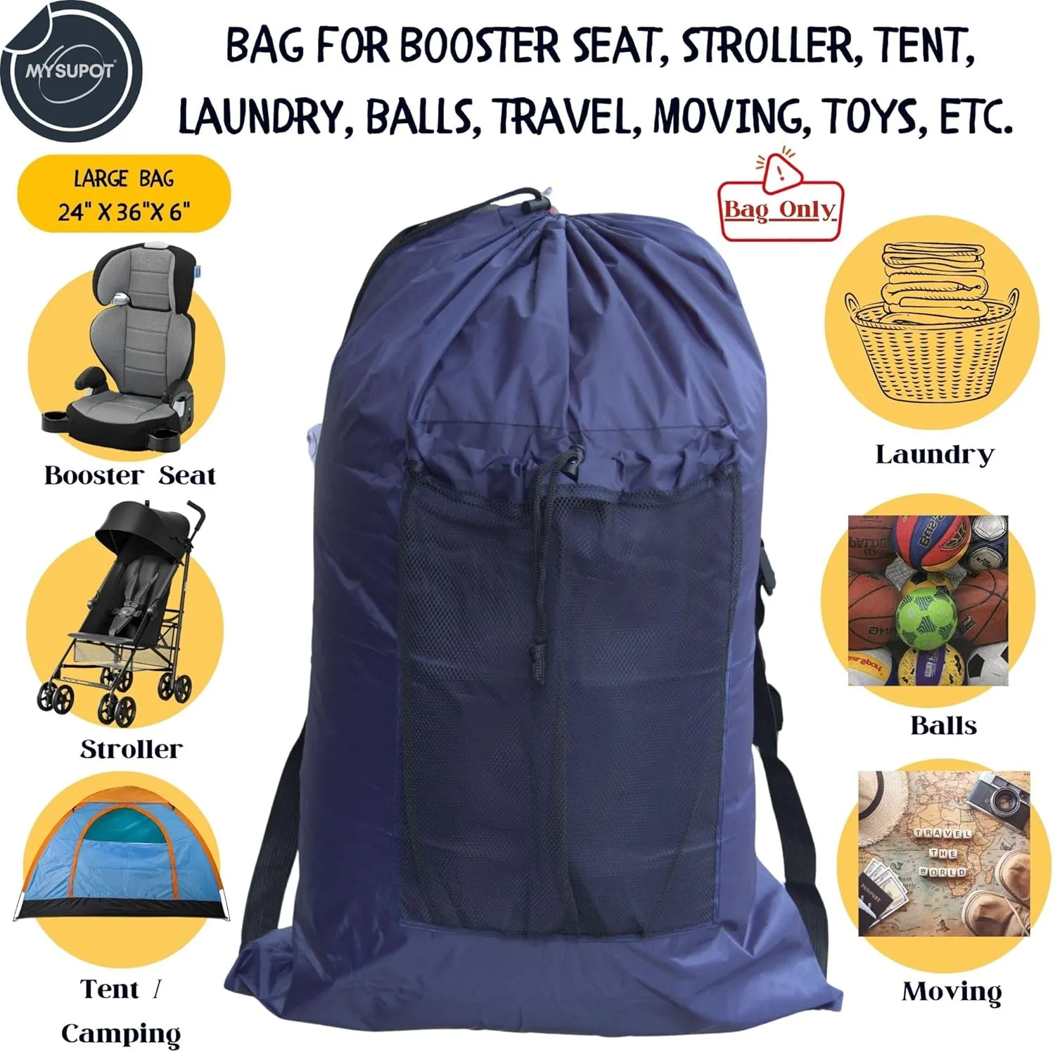 NAVY BLUE (Large 36"x24"x6") Beach Chair Bag, Laundry Bag. For Lawn Chair, Recliner, Director Chair, Camping Chair, Booster Car Seat. 420D Polyester Backpack w/Adjustable Straps & Mesh Pocket