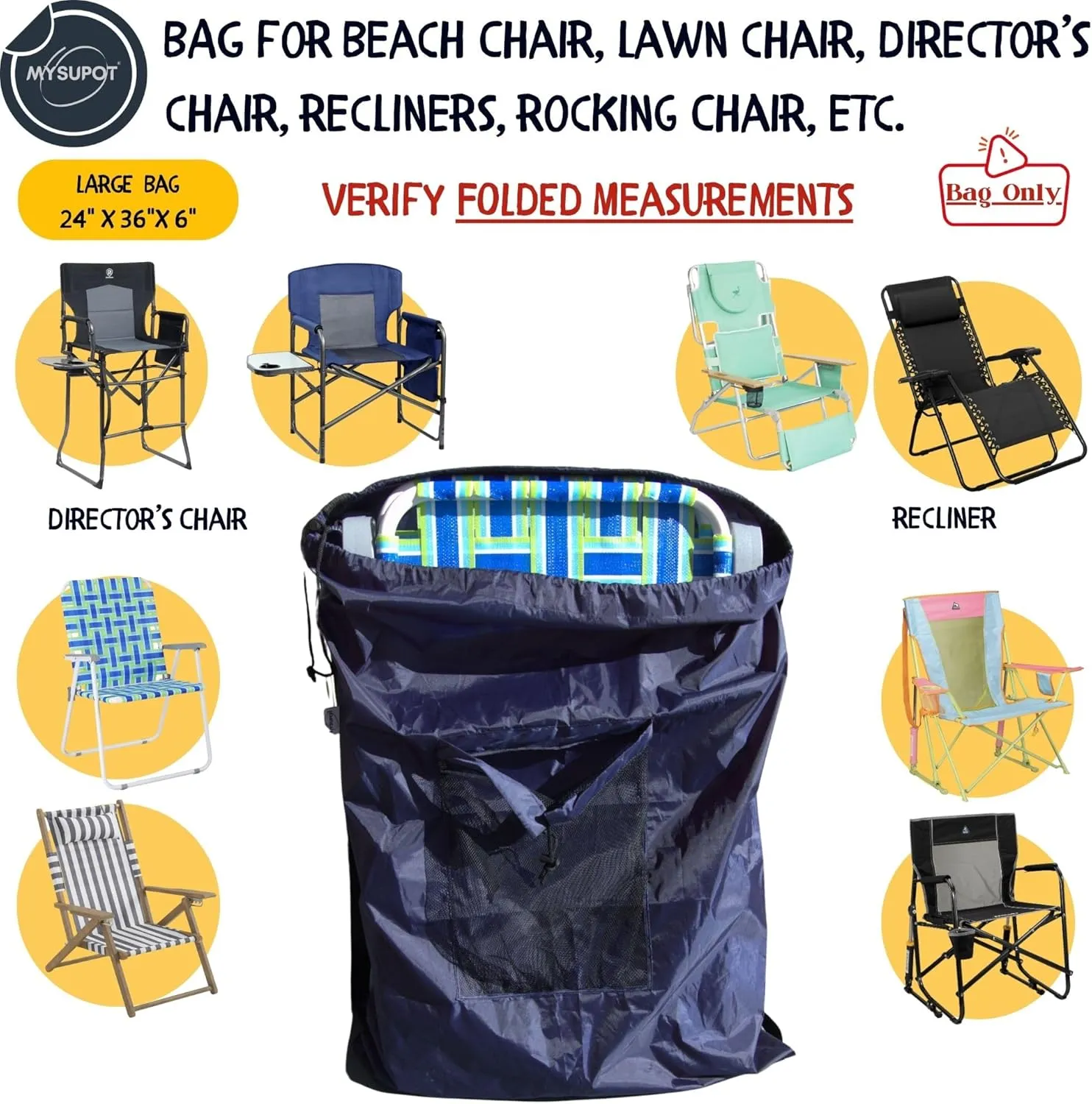 NAVY BLUE (Large 36"x24"x6") Beach Chair Bag, Laundry Bag. For Lawn Chair, Recliner, Director Chair, Camping Chair, Booster Car Seat. 420D Polyester Backpack w/Adjustable Straps & Mesh Pocket