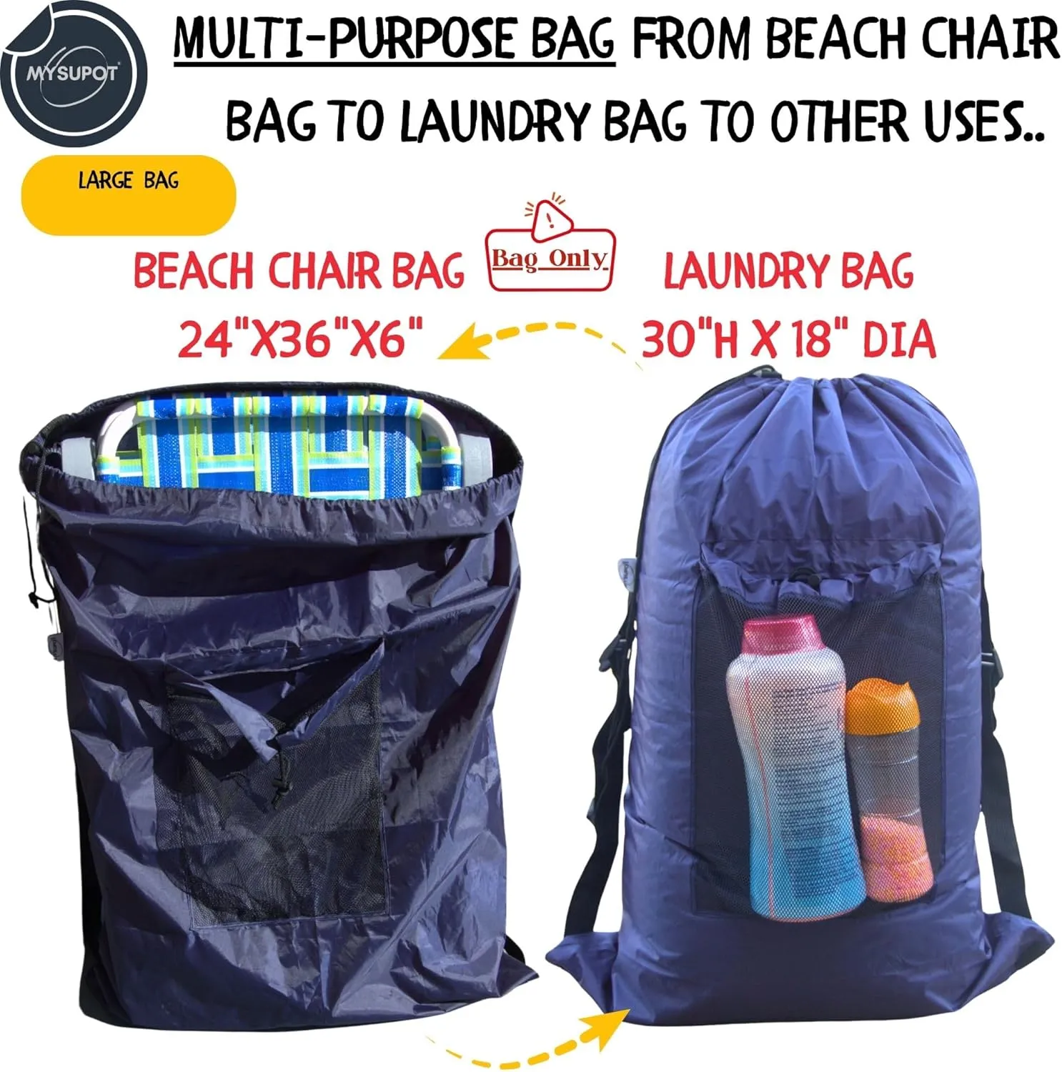 NAVY BLUE (Large 36"x24"x6") Beach Chair Bag, Laundry Bag. For Lawn Chair, Recliner, Director Chair, Camping Chair, Booster Car Seat. 420D Polyester Backpack w/Adjustable Straps & Mesh Pocket
