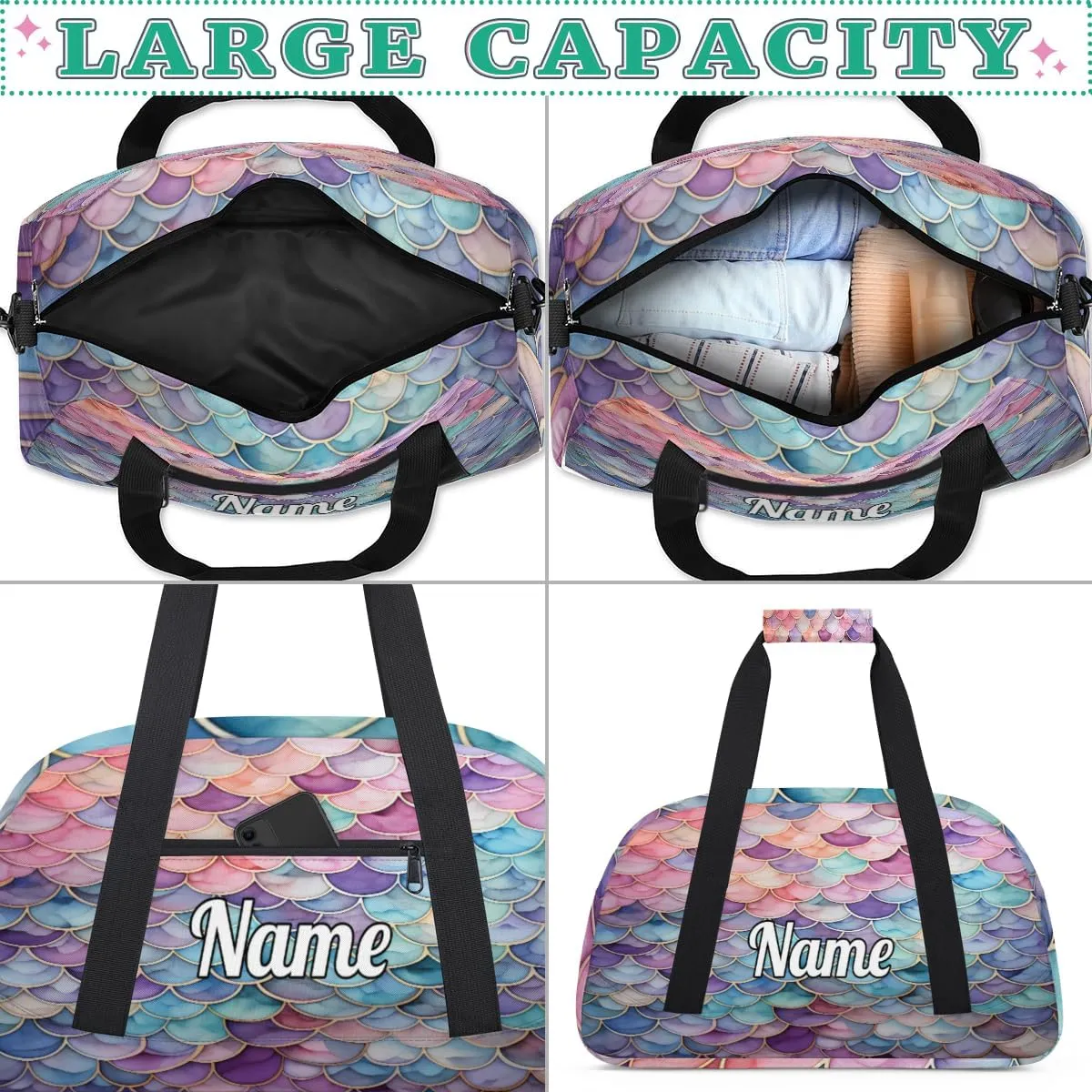 Ocean Mermaid Pattern Personalized Kids Gym Bag Custom Dance Bag with Name Sport Duffel Bag for Girls Boys Weekender Overnight Travel Bag