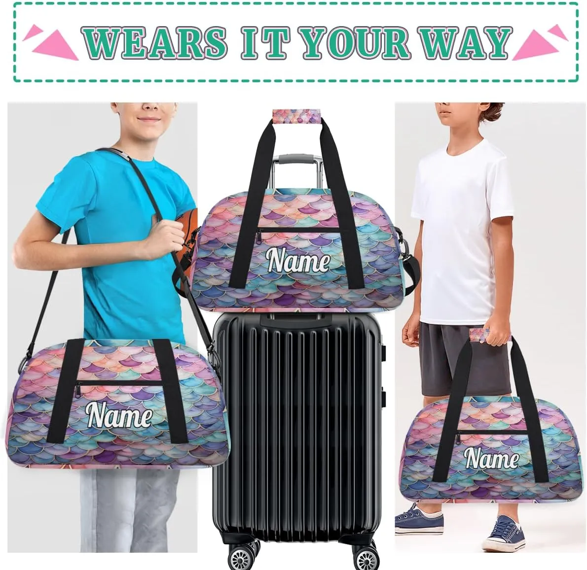 Ocean Mermaid Pattern Personalized Kids Gym Bag Custom Dance Bag with Name Sport Duffel Bag for Girls Boys Weekender Overnight Travel Bag