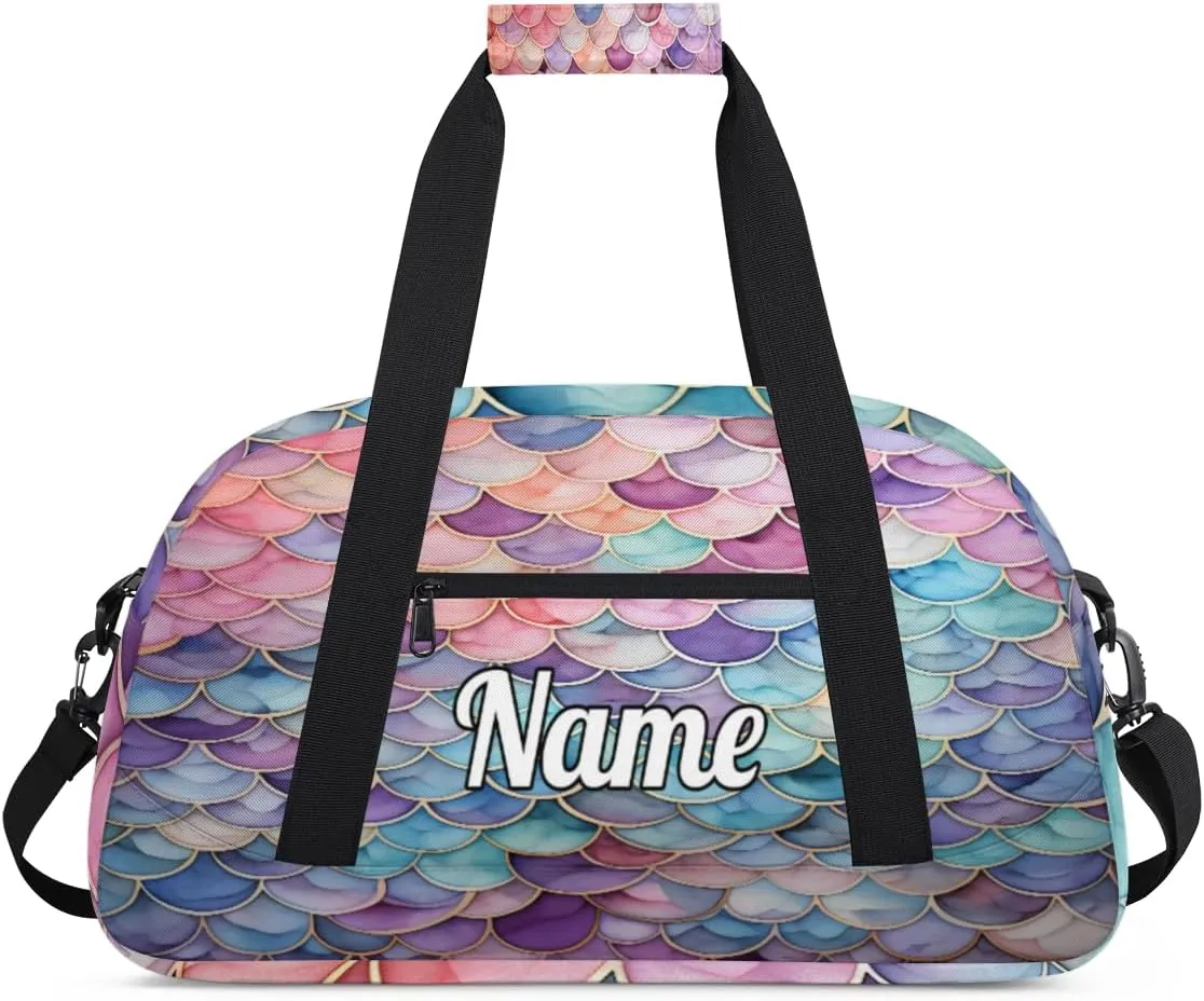 Ocean Mermaid Pattern Personalized Kids Gym Bag Custom Dance Bag with Name Sport Duffel Bag for Girls Boys Weekender Overnight Travel Bag