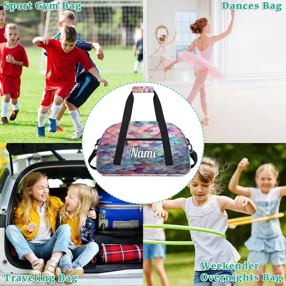 Ocean Mermaid Pattern Personalized Kids Gym Bag Custom Dance Bag with Name Sport Duffel Bag for Girls Boys Weekender Overnight Travel Bag