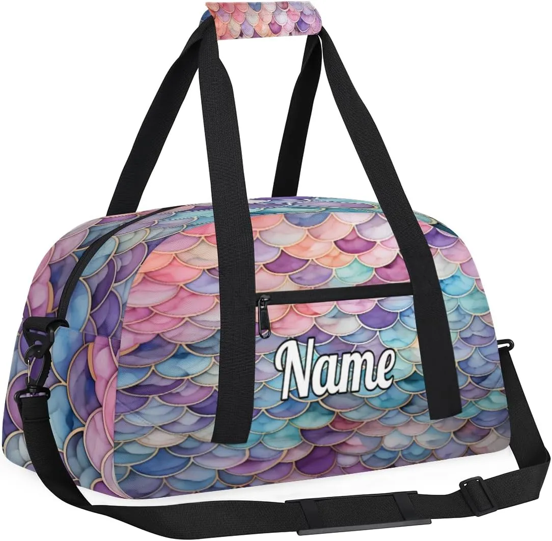 Ocean Mermaid Pattern Personalized Kids Gym Bag Custom Dance Bag with Name Sport Duffel Bag for Girls Boys Weekender Overnight Travel Bag